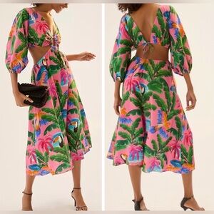 FARM Rio x Anthropologie Printed V-Neck Cutout Dress pink tropical linen size M